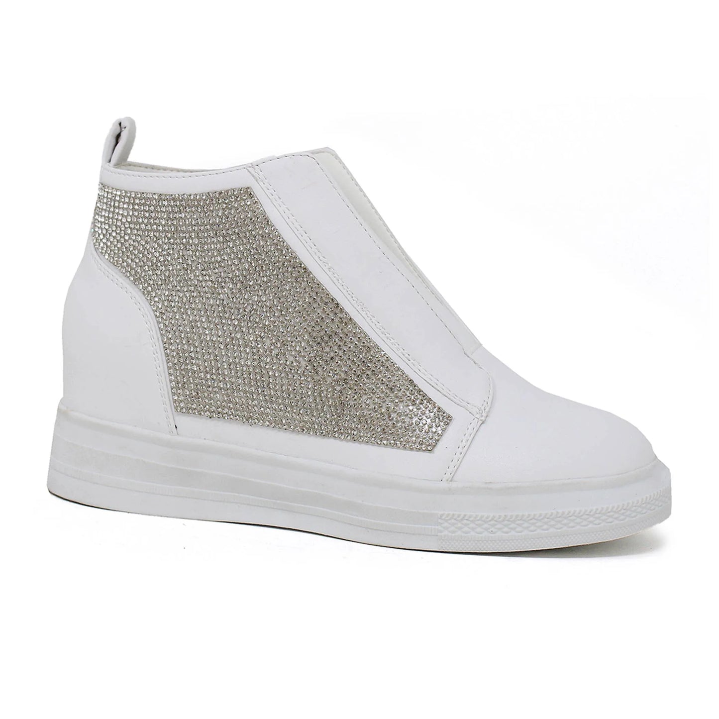 Women's Rhinestone Platform Sneakers - Slip-On Wedge Sneakers - White Sparkle High-Tops