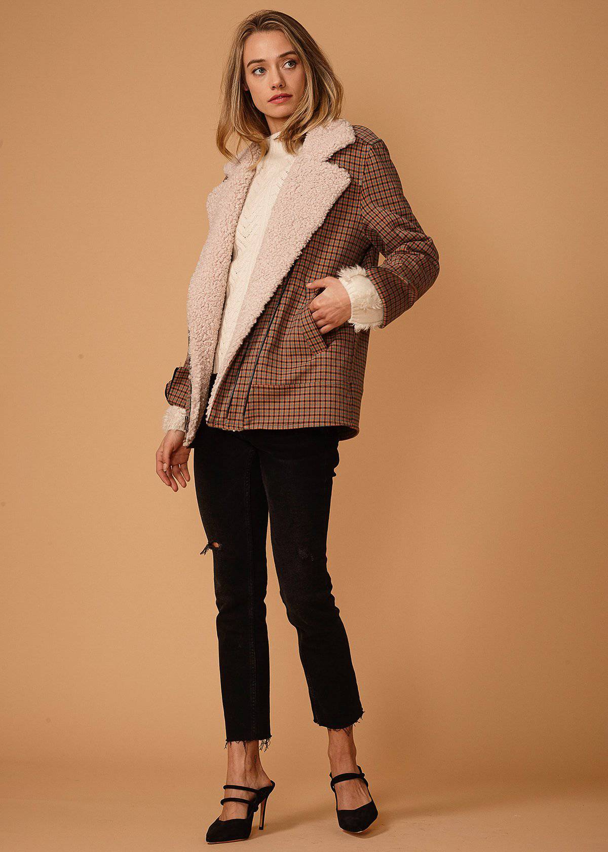 Women's Asymmetrical Zip Coat - Peach Gingham Tencel Blend Jacket