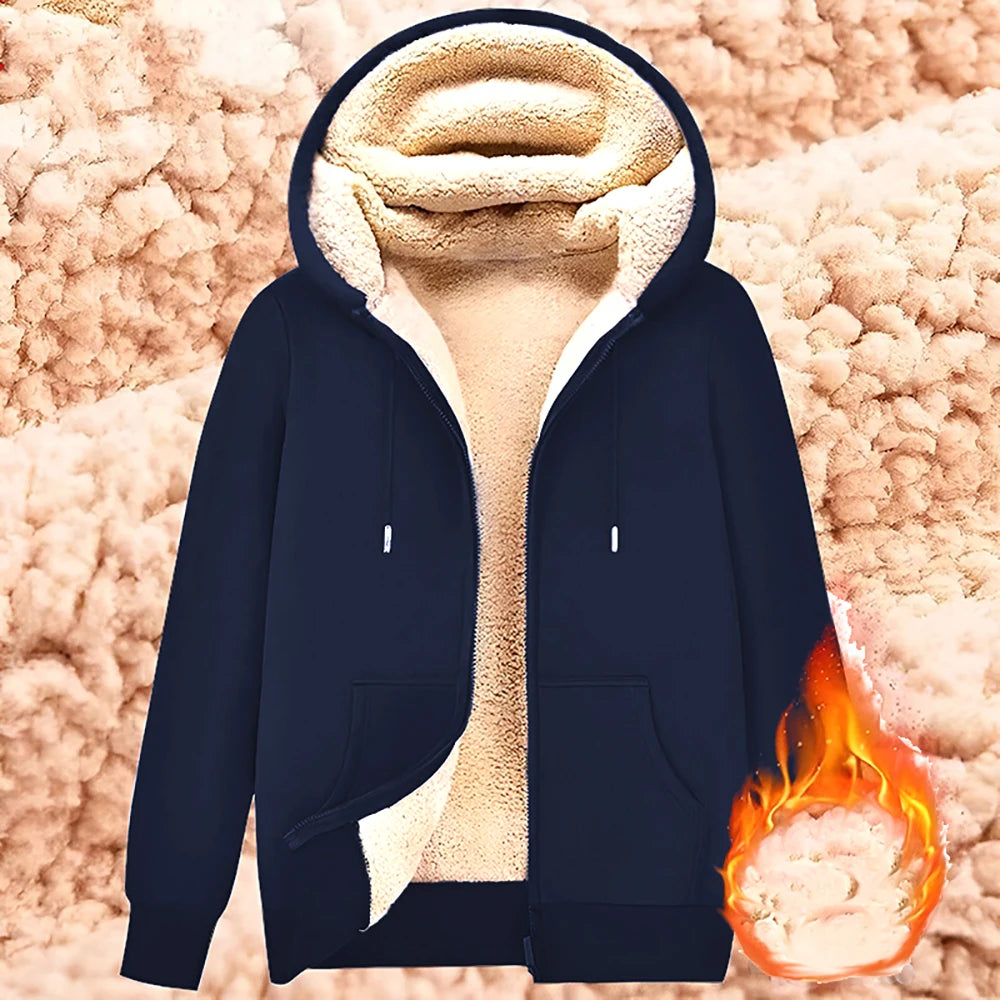 Men's Cashmere Plush Lined Sweatshirt Coat - Warm Zipper Lamb Wool Jacket with Front Pockets