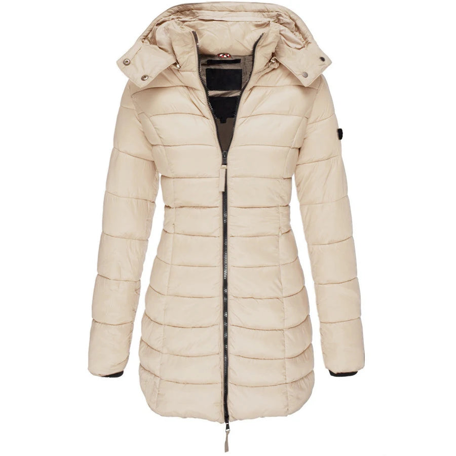 Women's Slim-Fit Hooded Zipper Padded Jacket-Warm Cotton/Polyester Parka