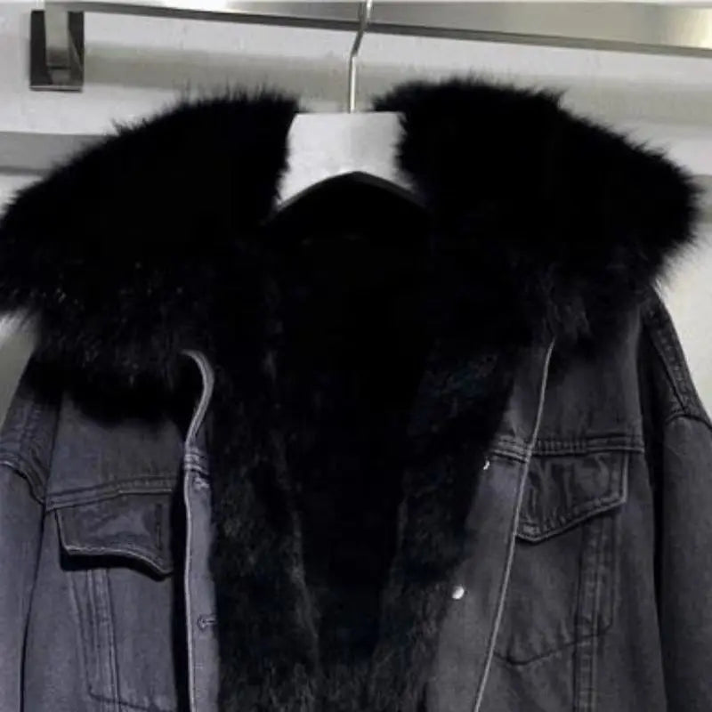 Women's Winter Denim Hooded Coat-Removable Fur Collar, Fleece Lined, Warm Cotton & Polyester Jacket.