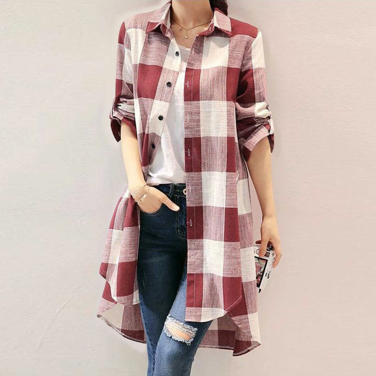 Women's Plaid Longline Shirt — Button-Down Long Sleeve Oversized Tunic Top | 3 Colors