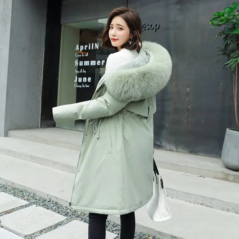 Women's Luxe Winter Parka: Thick Padded Coat with Wool Liner & Fur-Trimmed Hood-Stylish Snow Wear in Cotton-Polyester Blend.