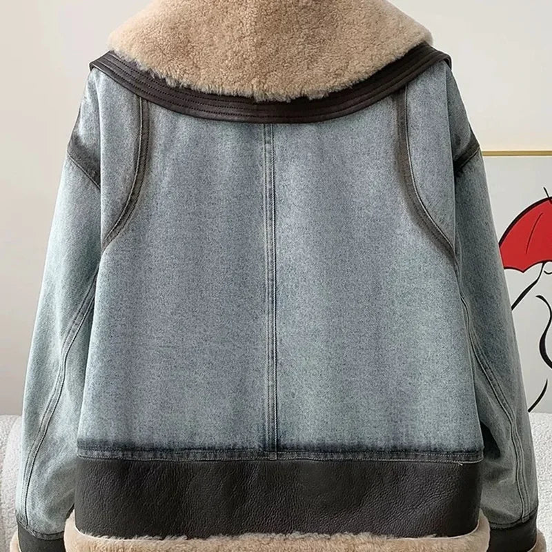 Women’s Premium Denim Winter Jacket - Natural Sheep Leather, White Fur Collar & Goose Down Lining