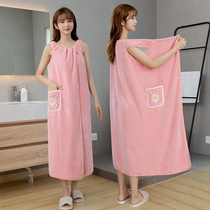 Women's Premium Combed Cotton Bath Wrap - Soft Wearable Towel Robe with Pocket for Home & Spa