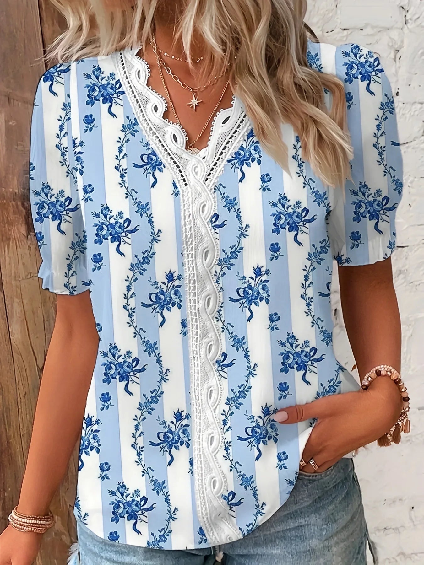 Women's Floral Lace V-Neck Blouse | Short Sleeve Summer Top