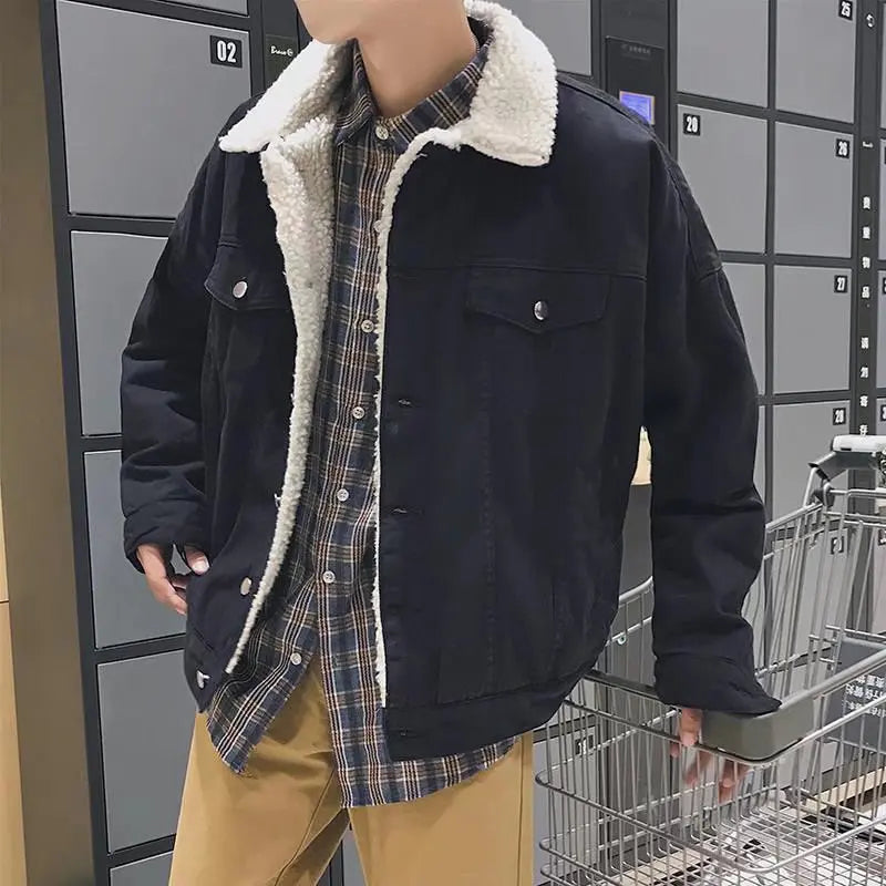 Men's Trendy Winter Denim Jacket - Thickened Lamb Wool Casual Coat.