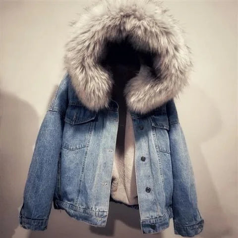 Women's Winter Denim Hooded Coat-Removable Fur Collar, Fleece Lined, Warm Cotton & Polyester Jacket.