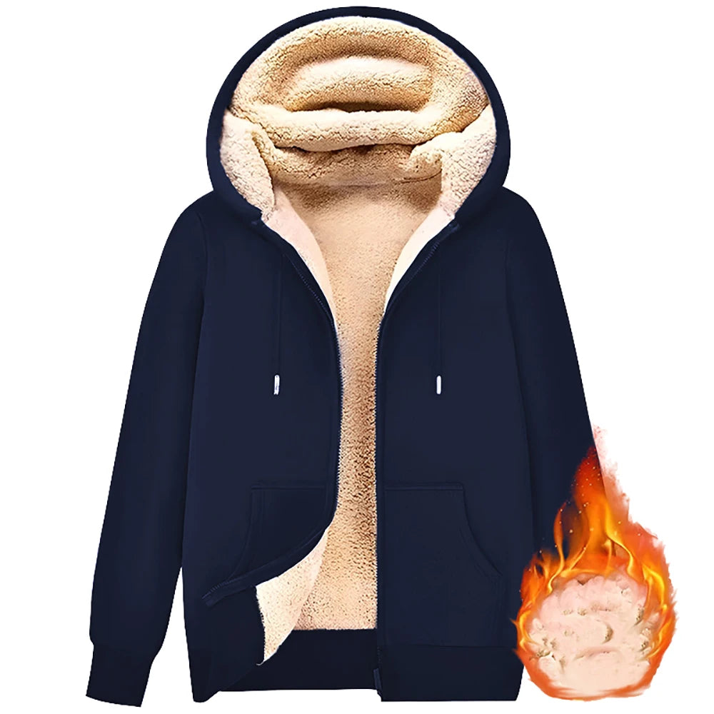 Men's Cashmere Plush Lined Sweatshirt Coat - Warm Zipper Lamb Wool Jacket with Front Pockets