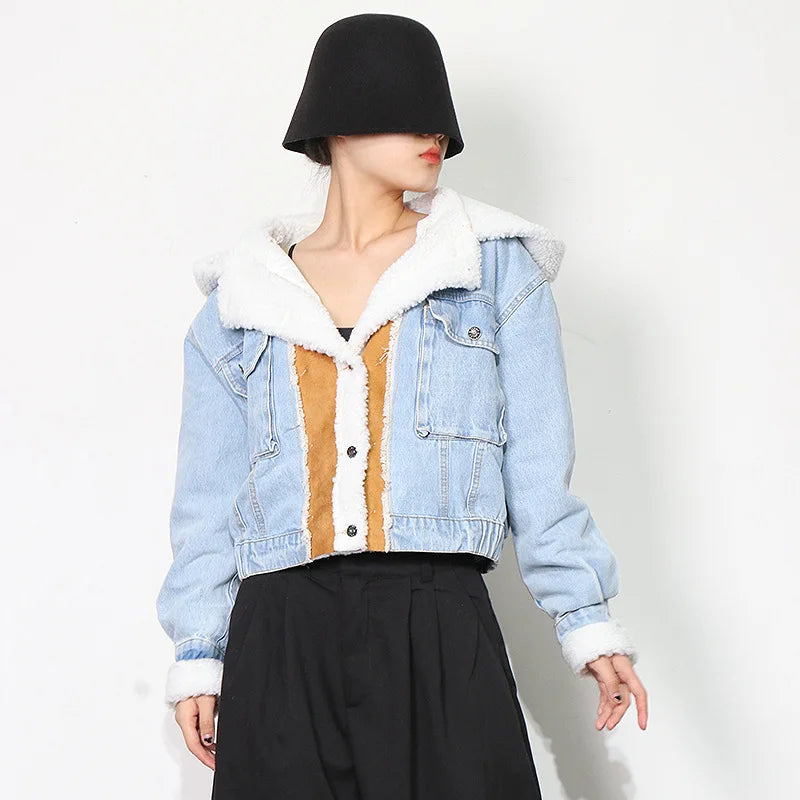 Women's Winter Denim Spliced Hooded Lamb Wool Jacket for Women-Thick Cotton Outwear with Double Pockets & Single-Breasted Closure.