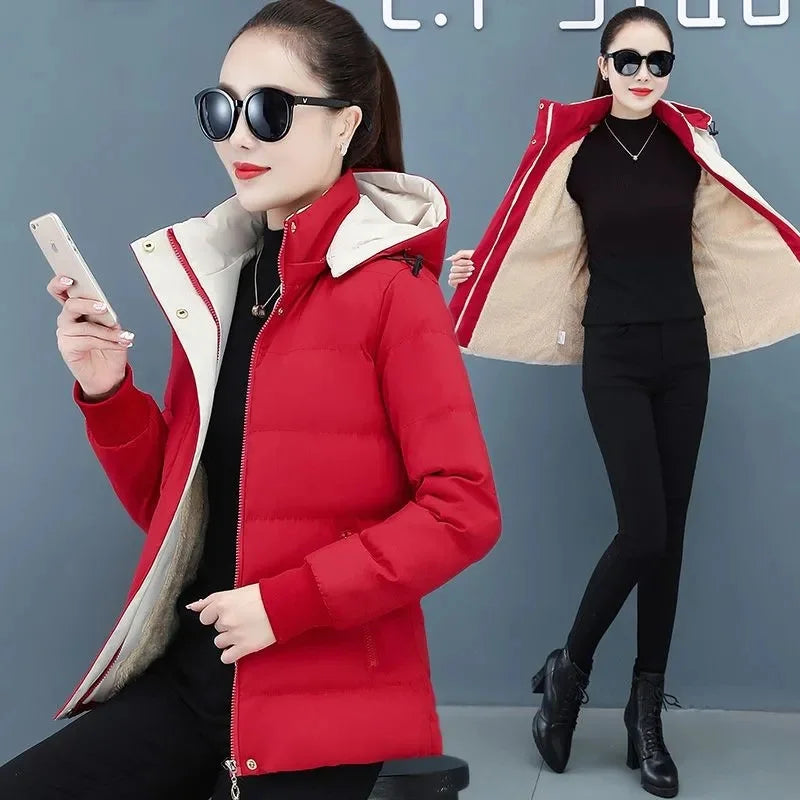 Women's Velvet Cotton Padded Winter Jacket 2025 - Detachable Hood Warm Parka Coat"