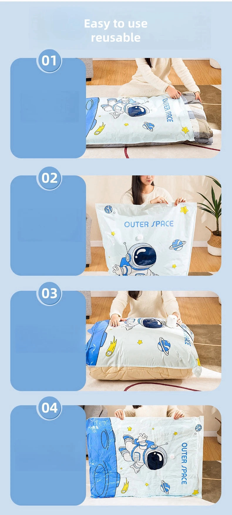 Reusable Vacuum Storage Bags for Clothes – No-Pump Compression Bags for Blankets, Bedding & Travel | Airtight Space Saver Organizer