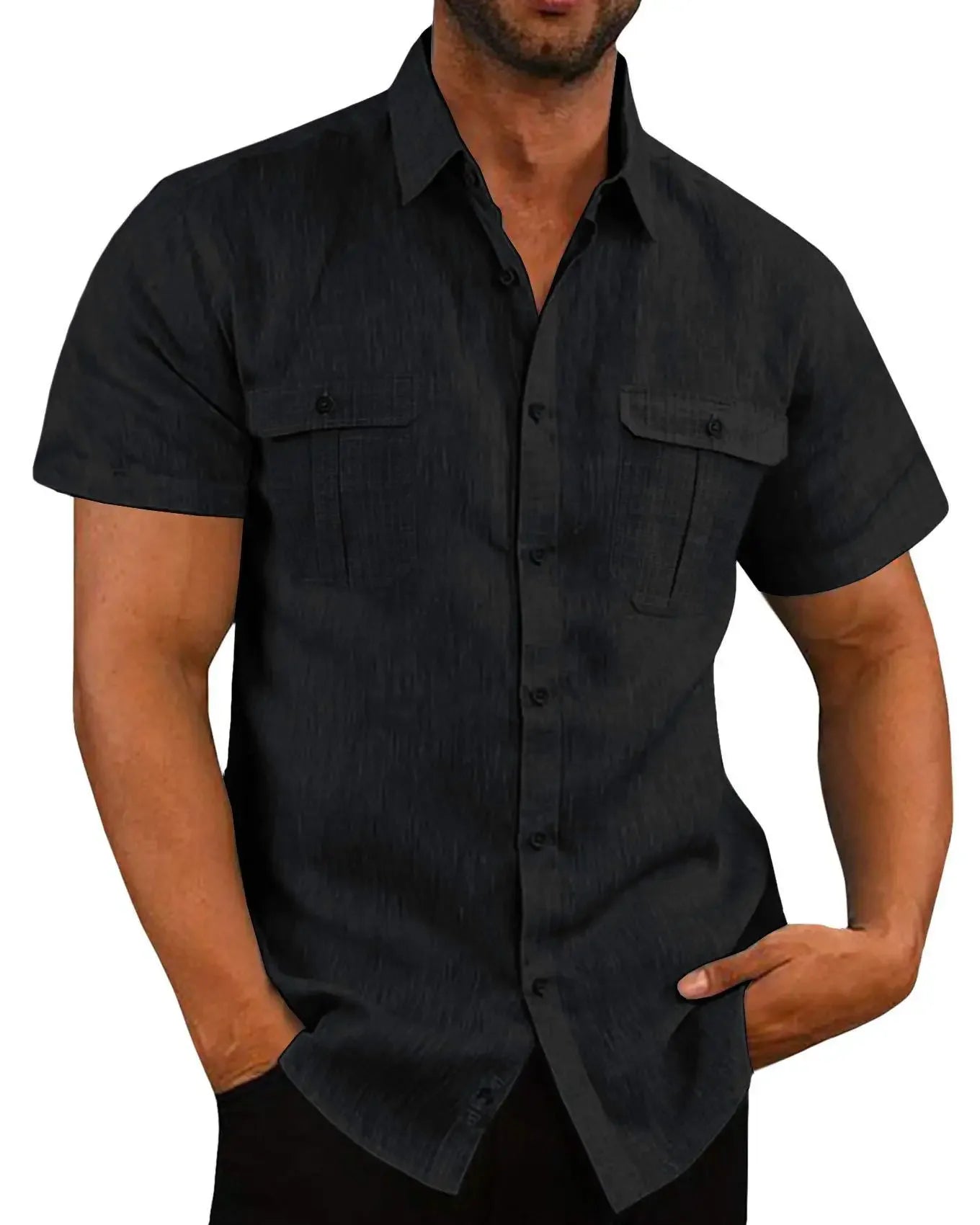 DFKDZG Men's Linen Blend Short-Sleeve Casual Button-Down Shirt | Breathable Summer Beach Style, Plus Size M–4XL