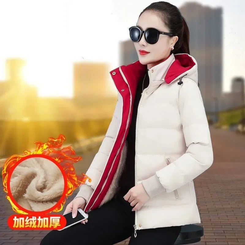 Women's Velvet Cotton Padded Winter Jacket 2025 - Detachable Hood Warm Parka Coat"