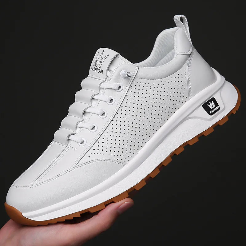 Men's Doefhom Genuine Cow Leather Sneakers — Lace-Up Casual Sport Shoes | Waterproof Outdoor Street Style Trainers for Spring & Autumn