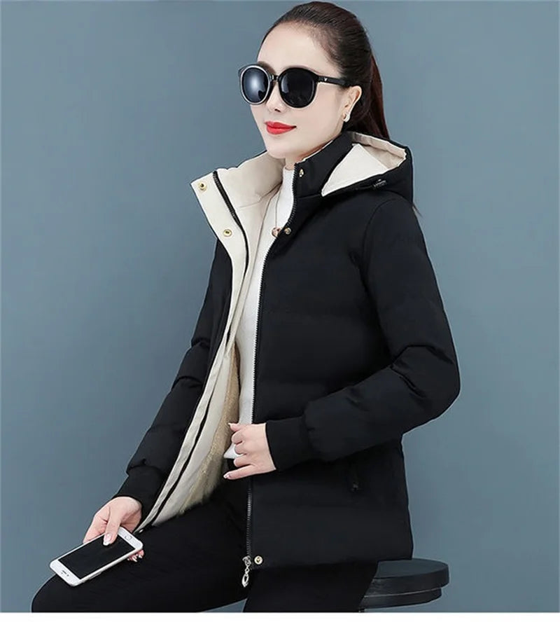Women's Velvet Cotton Padded Winter Jacket 2025 - Detachable Hood Warm Parka Coat"
