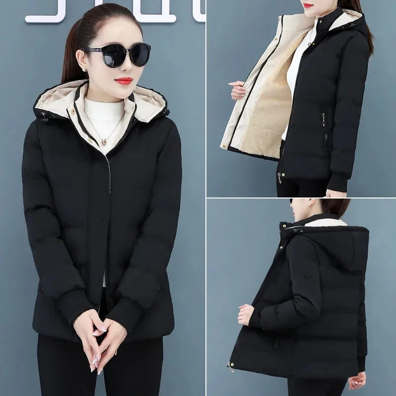 Women's Velvet Cotton Padded Winter Jacket 2025 - Detachable Hood Warm Parka Coat"