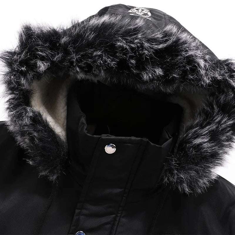 Men's Raw Edge Hooded Aviator Jacket - Winter Warmth with Embroidered Style.