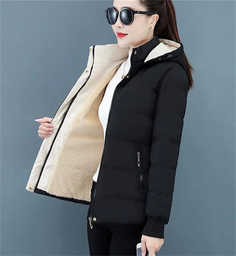 Women's Velvet Cotton Padded Winter Jacket 2025 - Detachable Hood Warm Parka Coat"