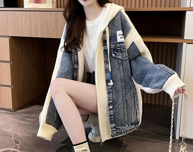 Women's Chic Black Denim Jacket-Winter 2024 Hooded Graphic Outerwear.