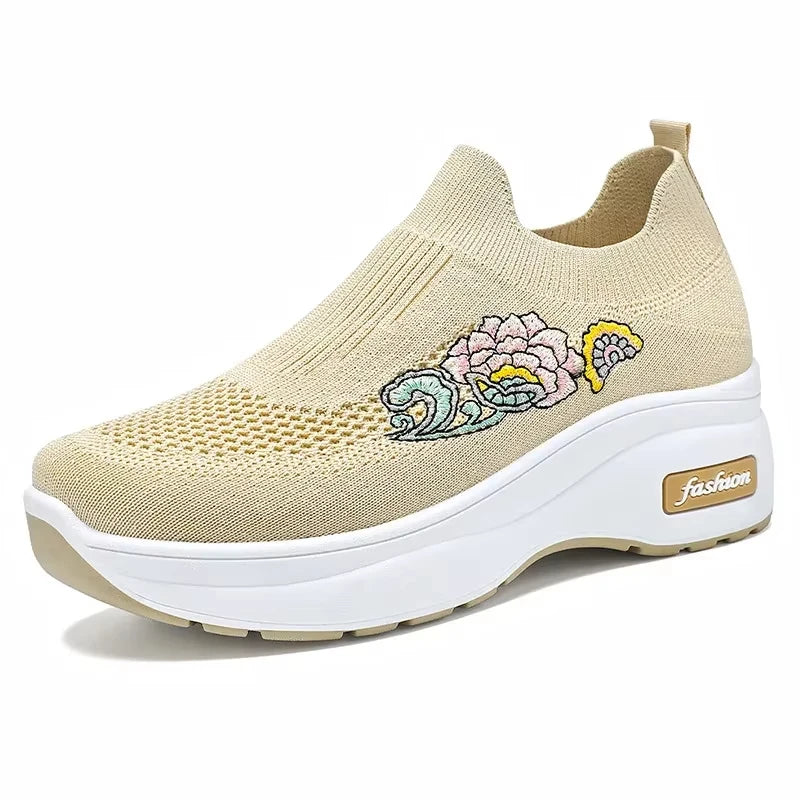 Women's Floral Embroidered Platform Slip-On Sneakers – Lightweight Mesh Walking Shoes with Cushioned Sole