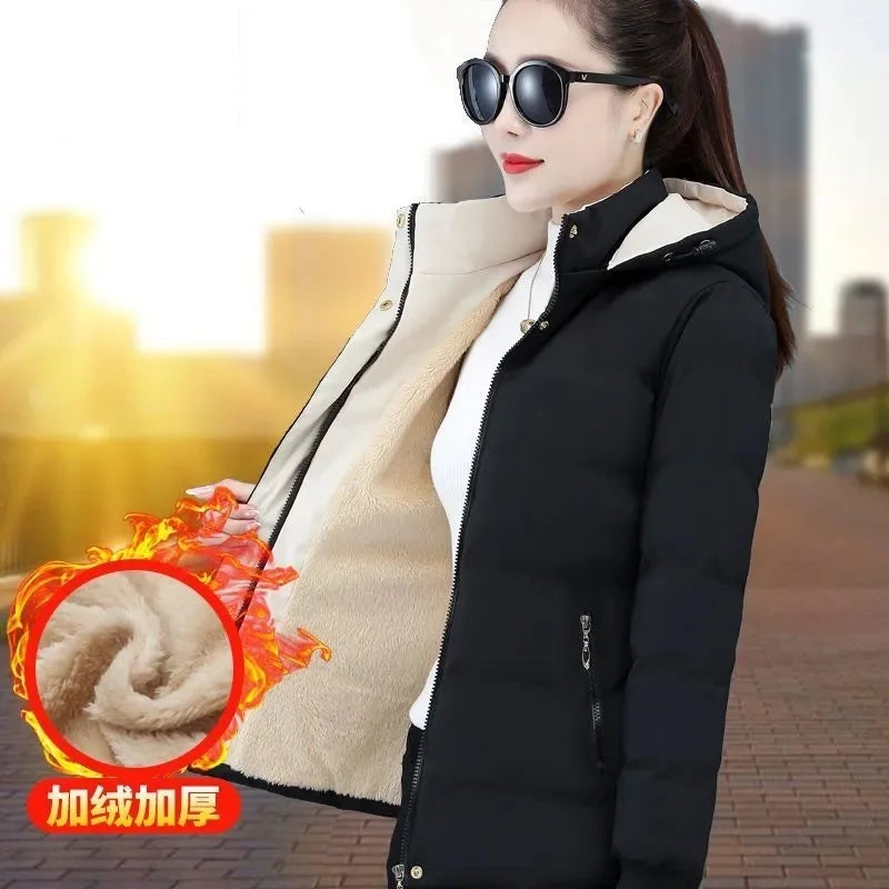 Women's Velvet Cotton Padded Winter Jacket 2025 - Detachable Hood Warm Parka Coat"