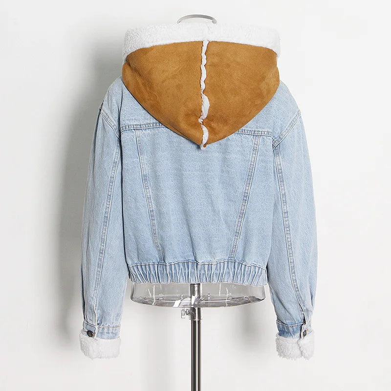 Women's Winter Denim Spliced Hooded Lamb Wool Jacket for Women-Thick Cotton Outwear with Double Pockets & Single-Breasted Closure.