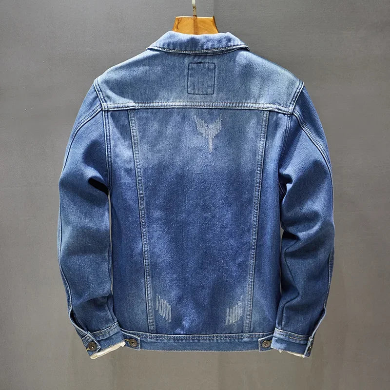 Men's Washed Denim Jacket - Casual Single Breasted Cardigan with Turn Down Collar & Pockets
