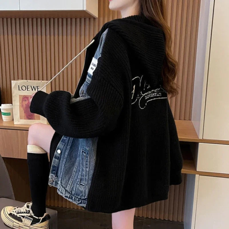 Women's Chic Black Denim Jacket-Winter 2024 Hooded Graphic Outerwear.