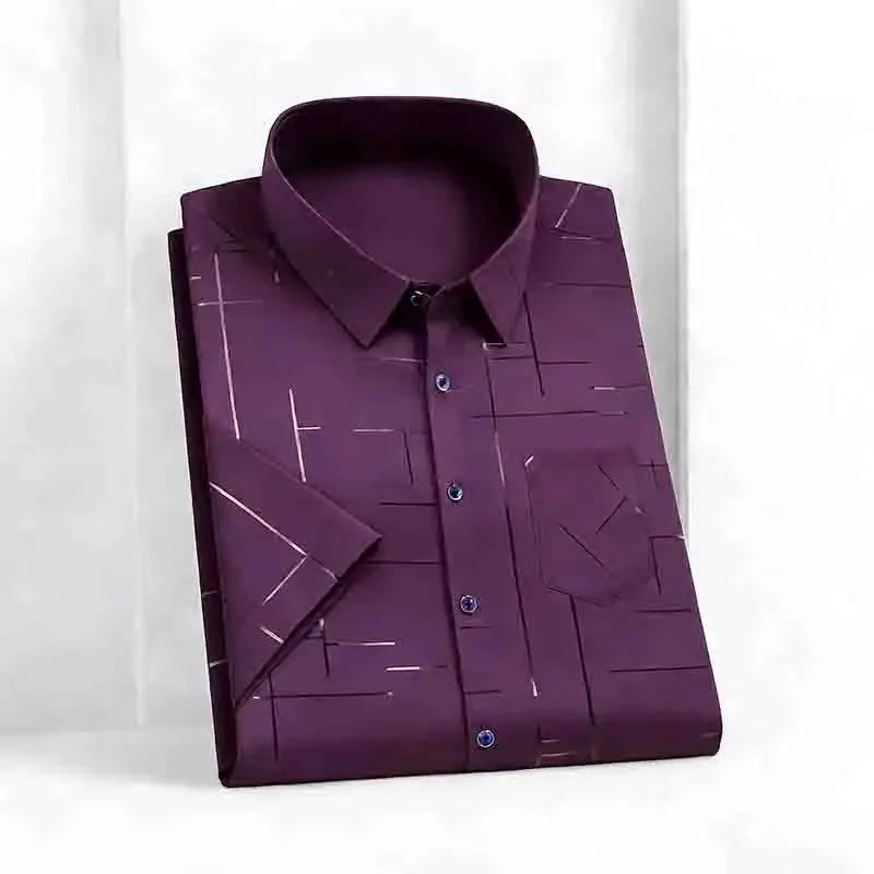 Men's 2026 Geometric Line Print Shirt Short Sleeve with Chest Pocket | 100% Cotton Button-Up Business Casual Daily Office Fashion Top.