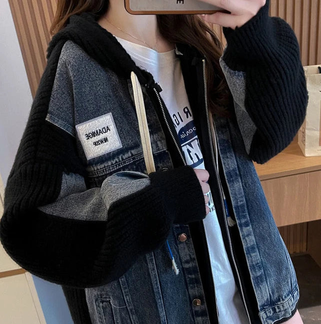 Women's Chic Black Denim Jacket-Winter 2024 Hooded Graphic Outerwear.