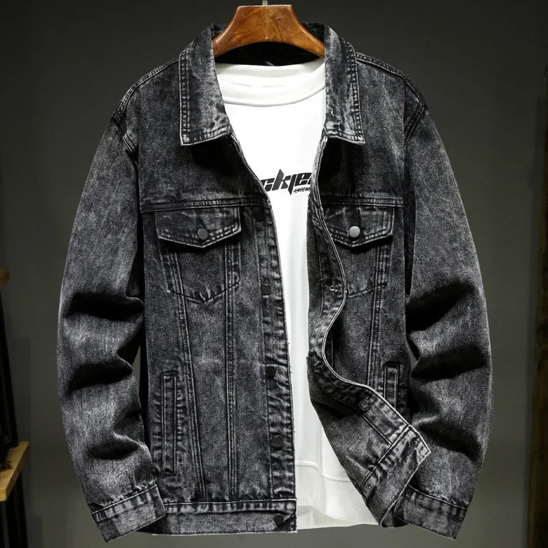Men's Washed Denim Jacket - Casual Single Breasted Cardigan with Turn Down Collar & Pockets