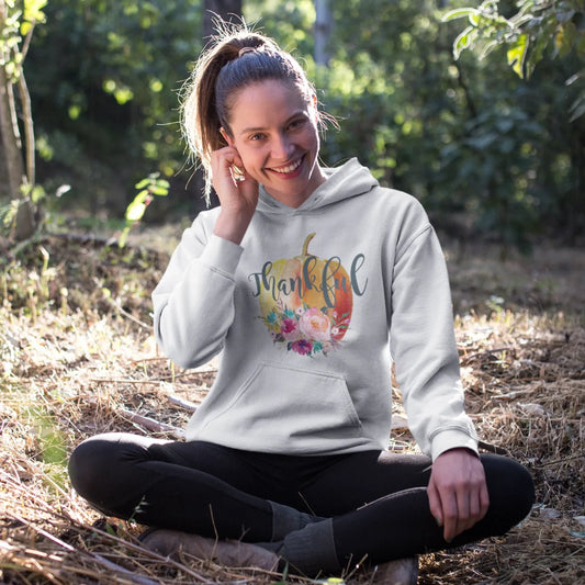 Women's Thankful Floral Pumpkin Hoodie - Fall Graphic Pullover - Lightweight Cotton Blend