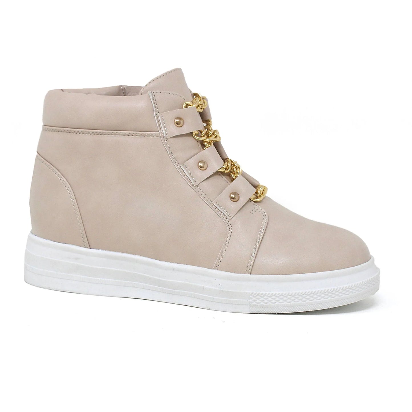 Women's High-Top Platform Sneakers with Gold Chain Laces - Lightweight Microfiber Fashion Sneakers