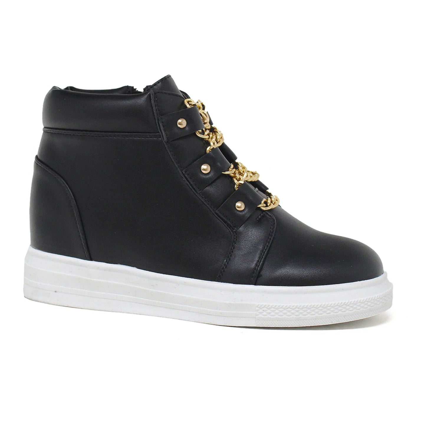 Women's High-Top Platform Sneakers with Gold Chain Laces - Lightweight Microfiber Fashion Sneakers