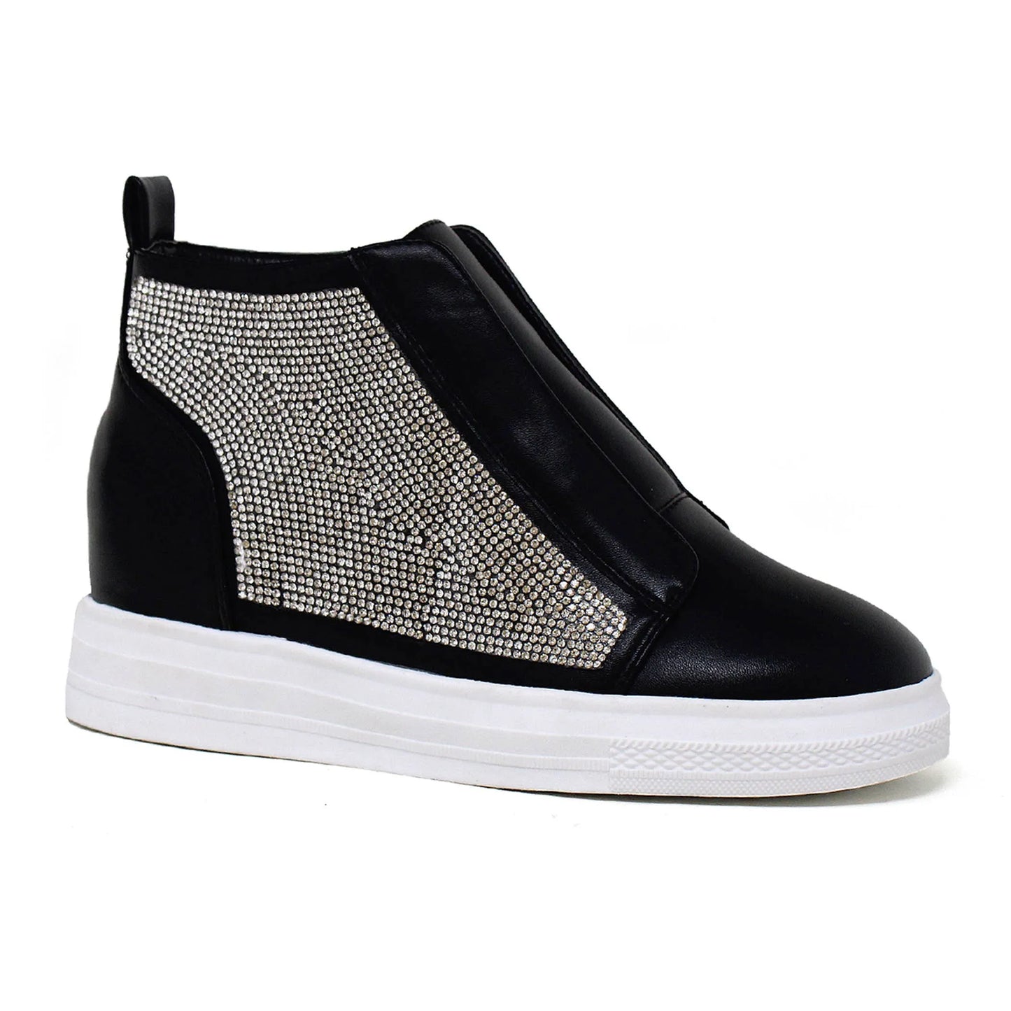 Women's Rhinestone Platform Sneakers - Slip-On Wedge Sneakers - White Sparkle High-Tops