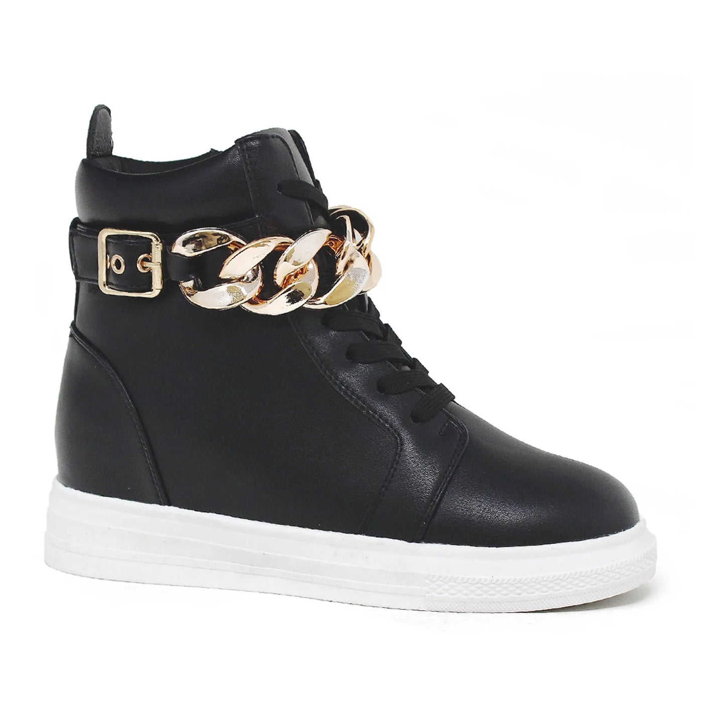 Women's Black High-Top Sneakers - Hidden Wedge Platform with Gold Chain Detail