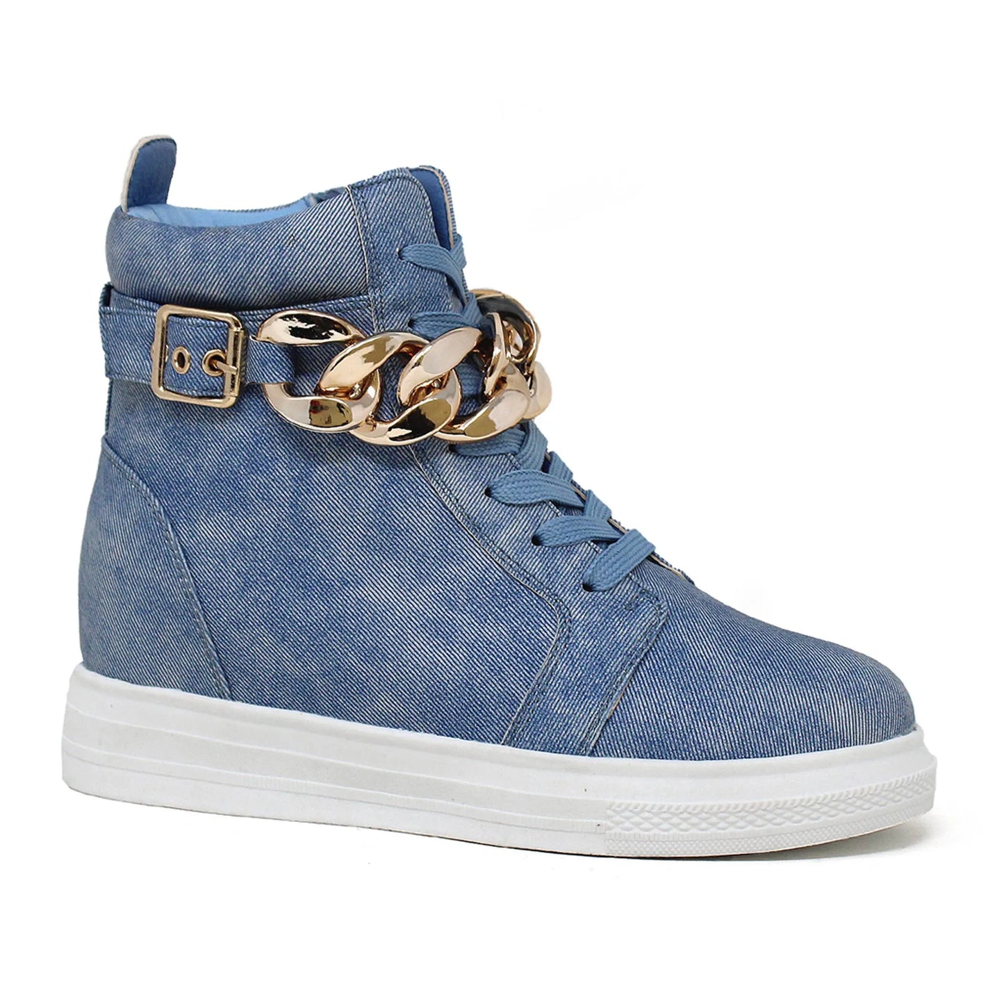 Women's Black High-Top Sneakers - Hidden Wedge Platform with Gold Chain Detail