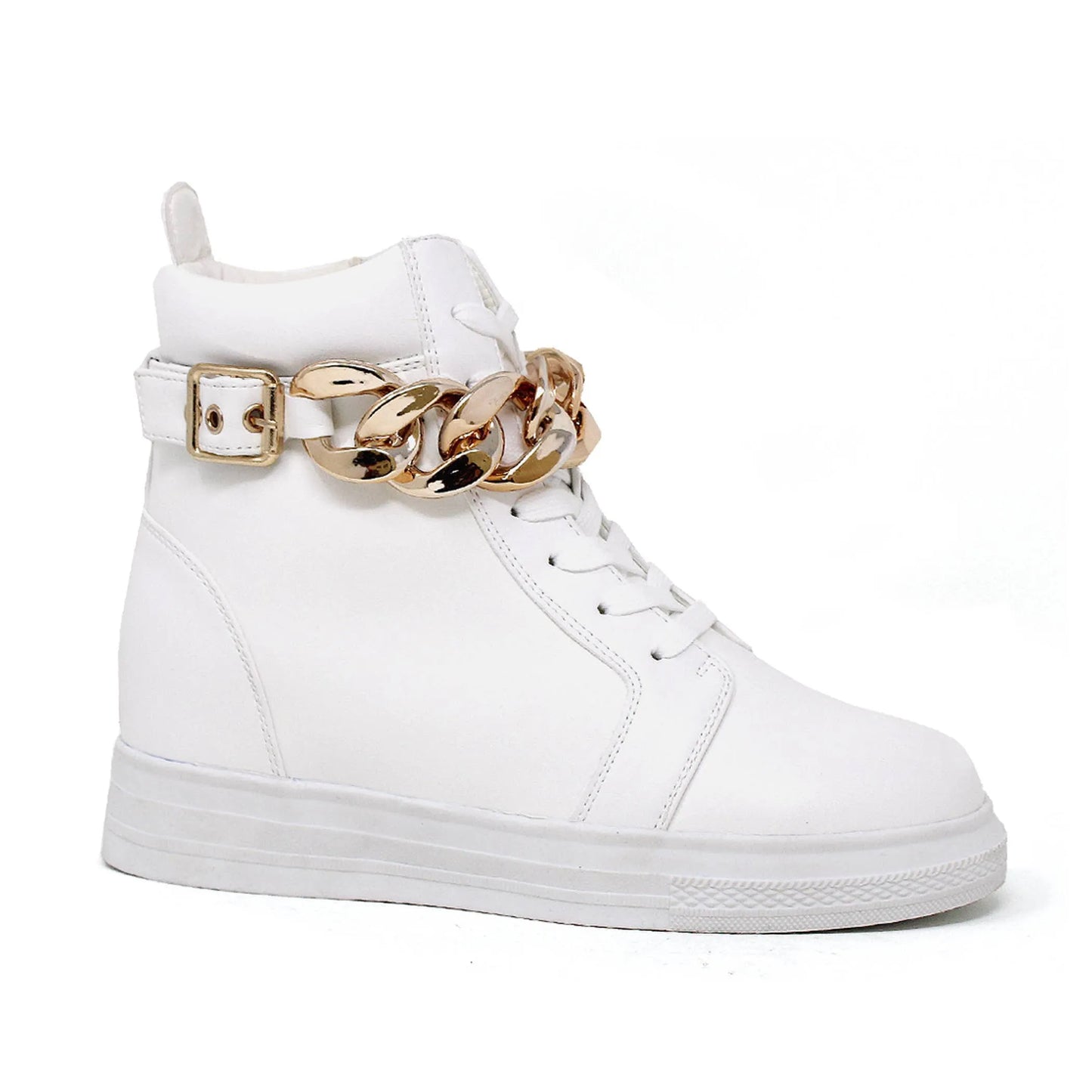 Women's Black High-Top Sneakers - Hidden Wedge Platform with Gold Chain Detail