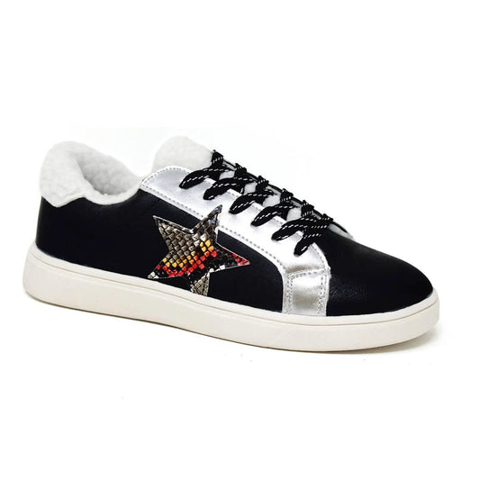 Women's White Star Sneakers with Faux Fur - Holographic Detail Low Top Casual Shoes