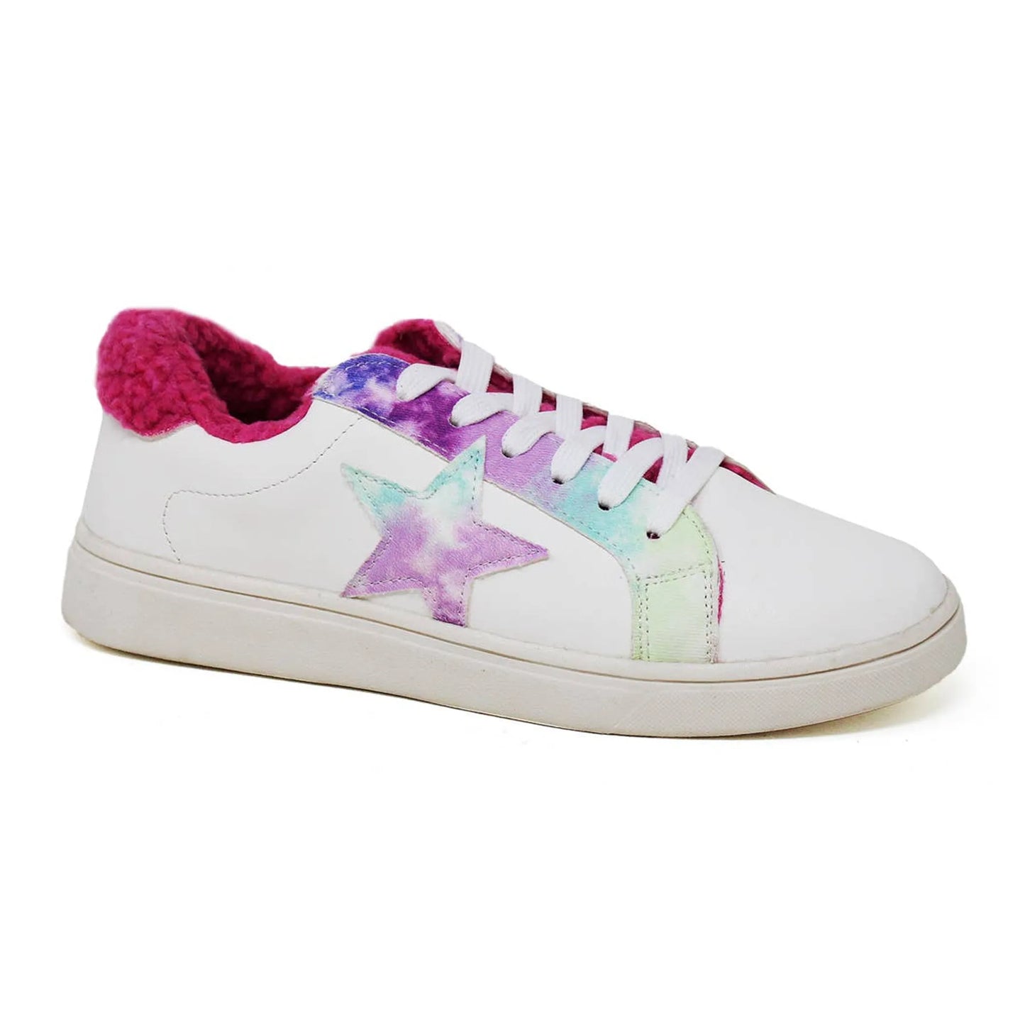 Women's White Star Sneakers with Faux Fur - Holographic Detail Low Top Casual Shoes