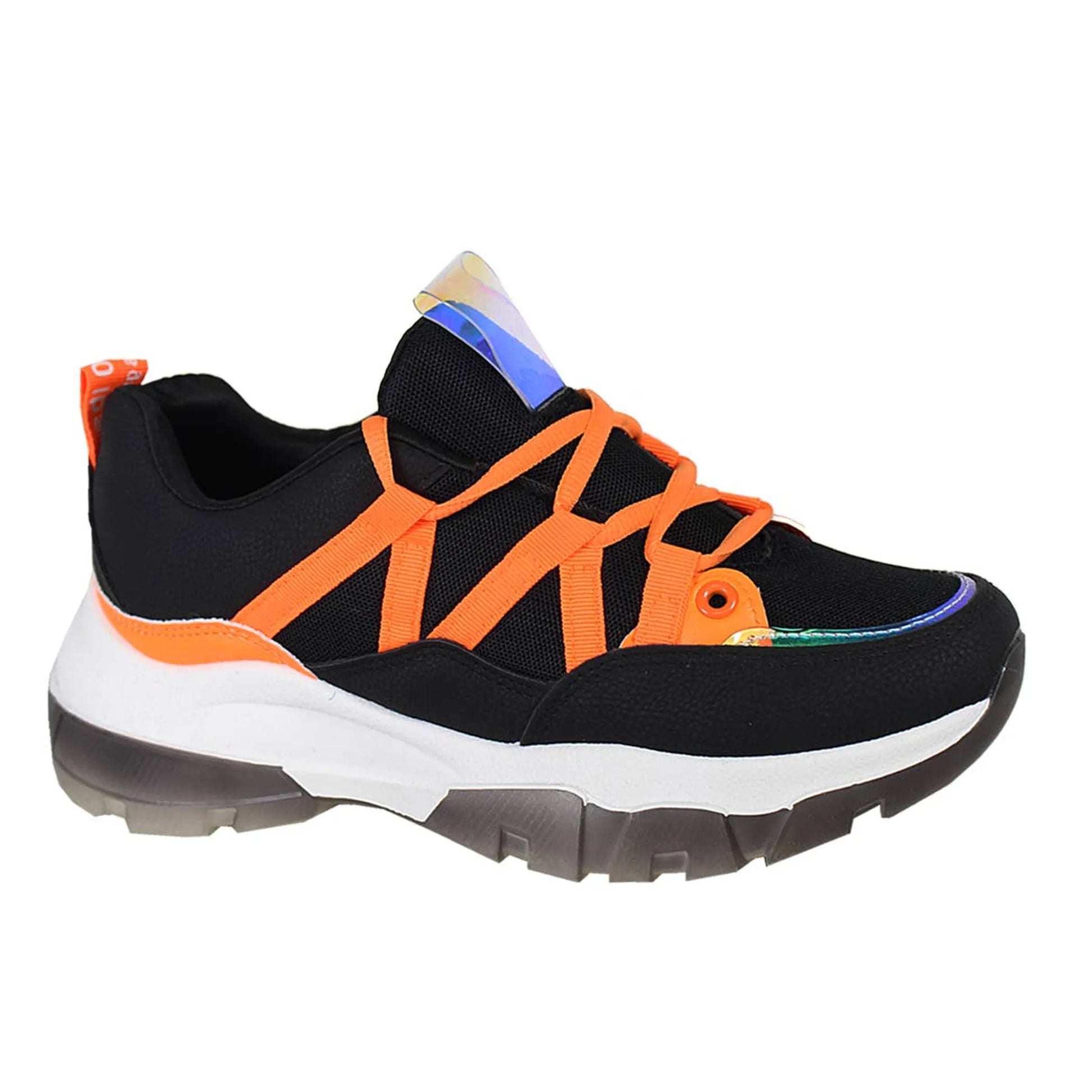 A stylish black sneaker showcases vibrant orange lacing and a chunky white and grey sole.
