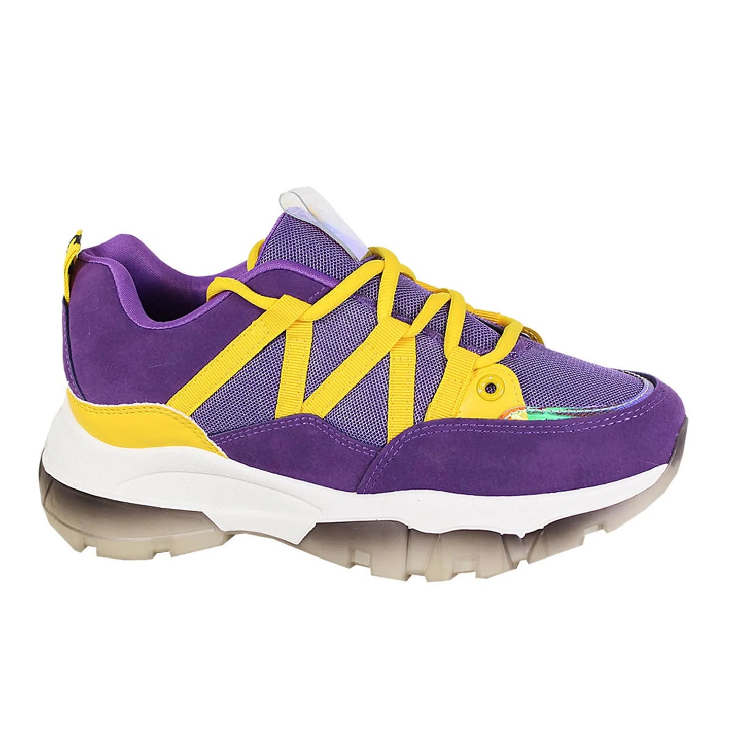 View shows a single purple and yellow athletic shoe with a chunky, transparent sole.
