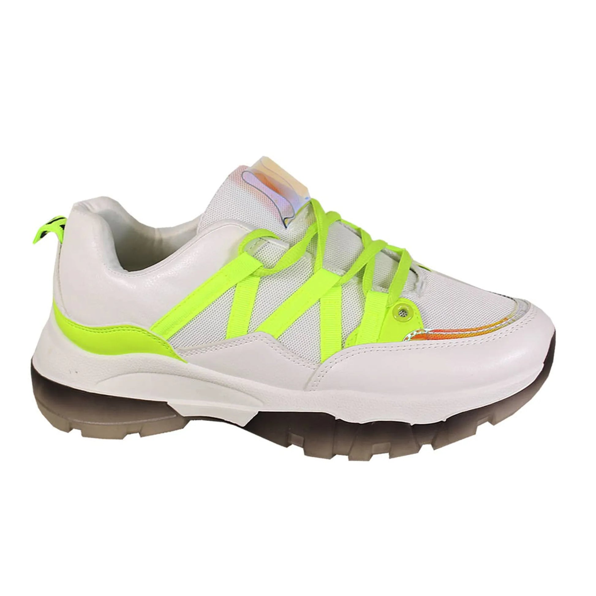 Showcases a stylish white women's sneaker featuring vibrant neon green accents and a chunky sole for walking.
