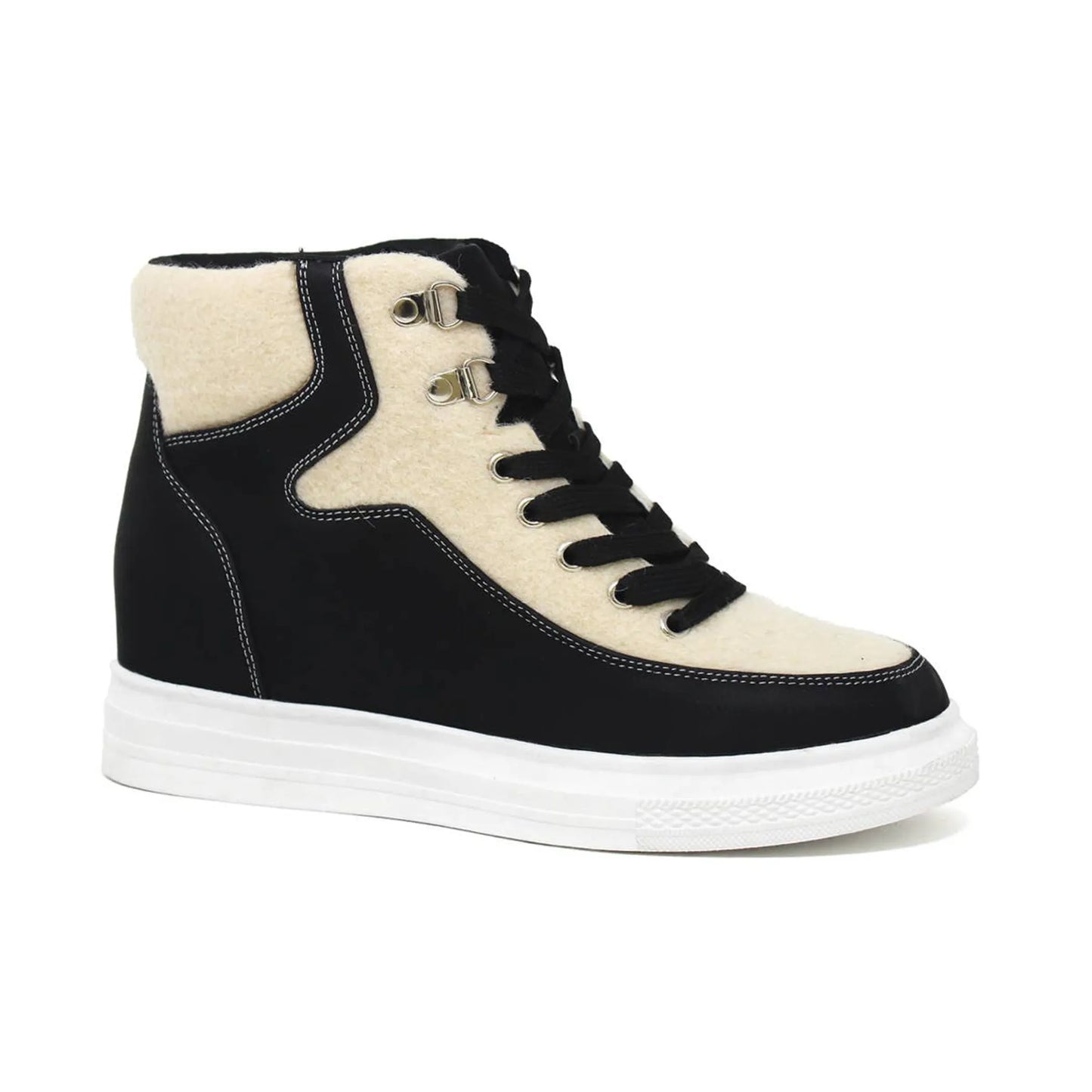 Unisex High-Top Platform Sneakers - Two-Tone Lace-Up with Hidden Wedge - Faux Fur Trim
