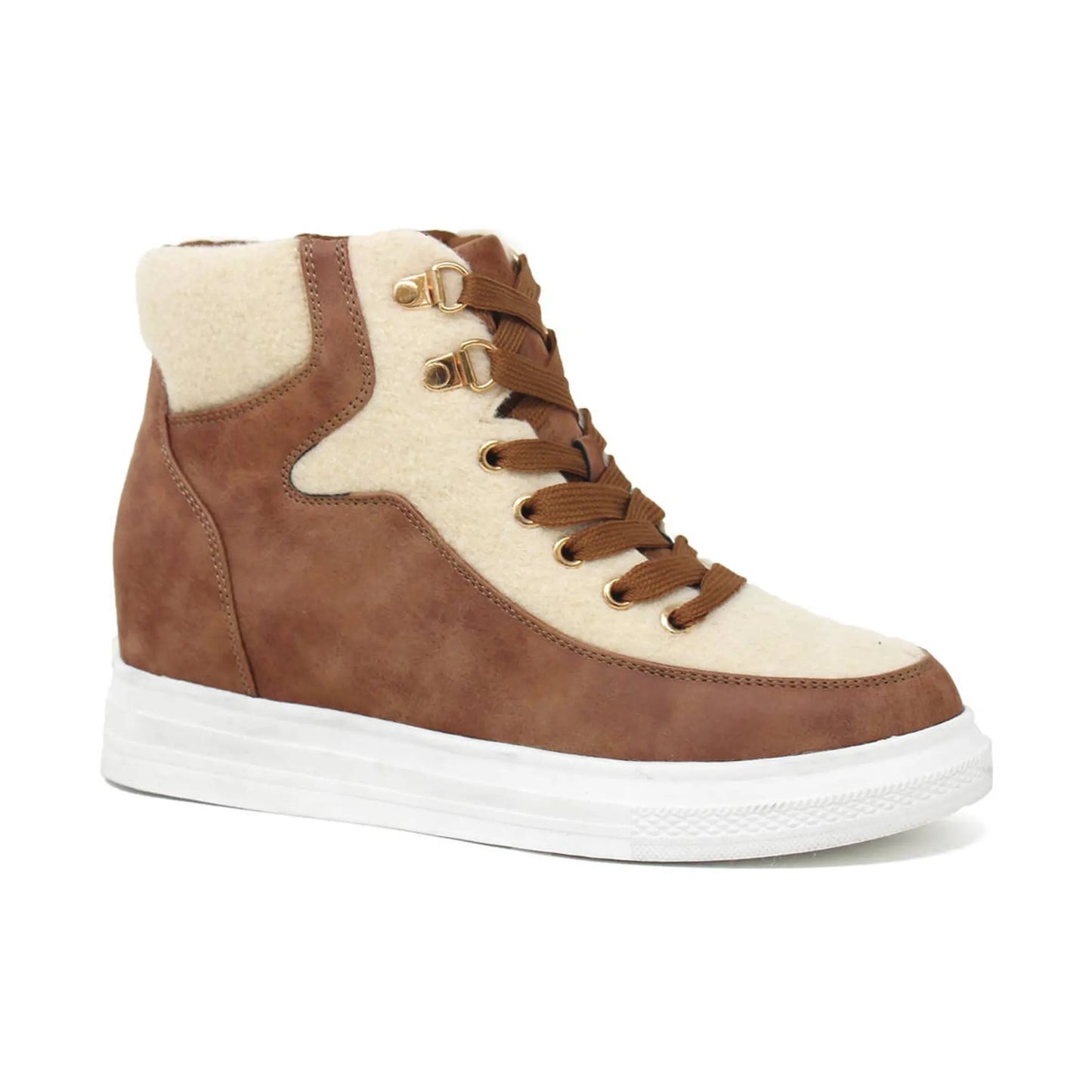 Unisex High-Top Platform Sneakers - Two-Tone Lace-Up with Hidden Wedge - Faux Fur Trim