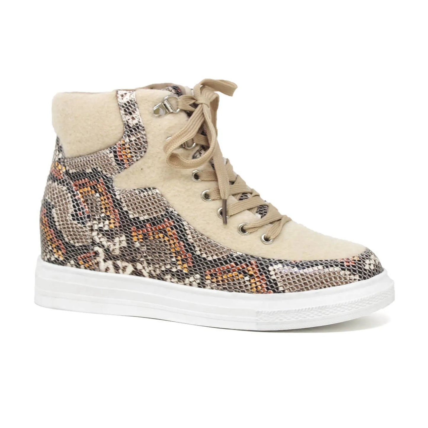 Unisex High-Top Platform Sneakers - Two-Tone Lace-Up with Hidden Wedge - Faux Fur Trim