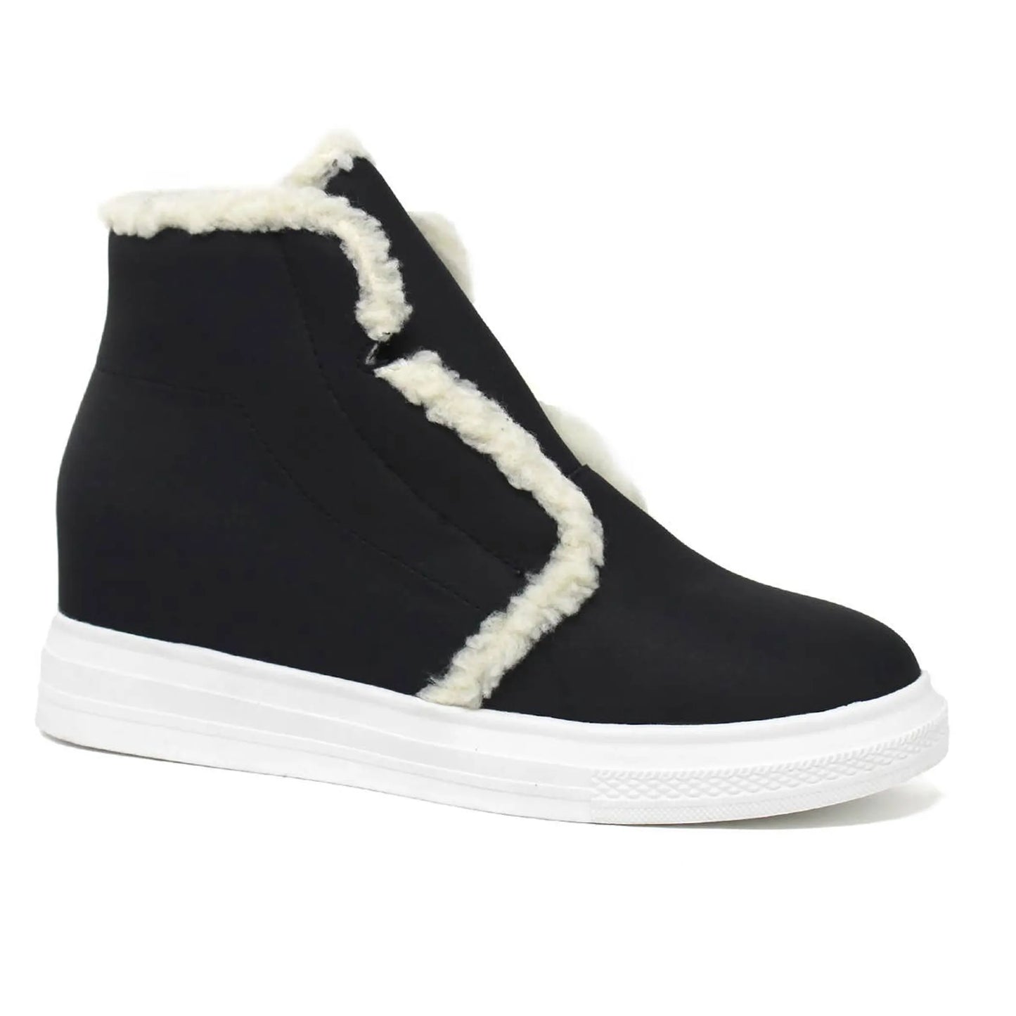 Women's Black High-Top Sneakers - Hidden Wedge Platform with Shearling Trim - Slip-On