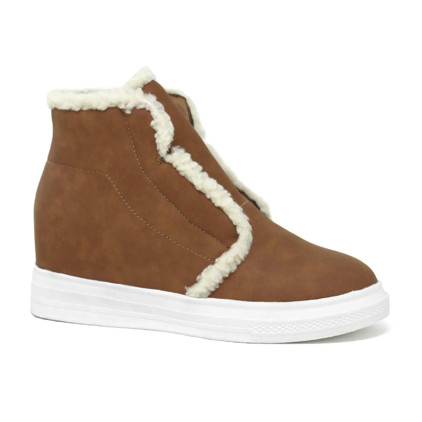 Women's Black High-Top Sneakers - Hidden Wedge Platform with Shearling Trim - Slip-On