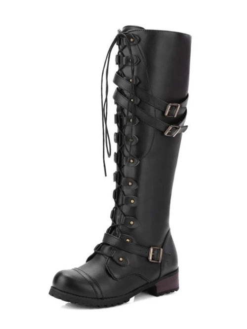 Women's Lace-Up Combat Boots - Buckle Strap Detail | Edgy Fashion Boots